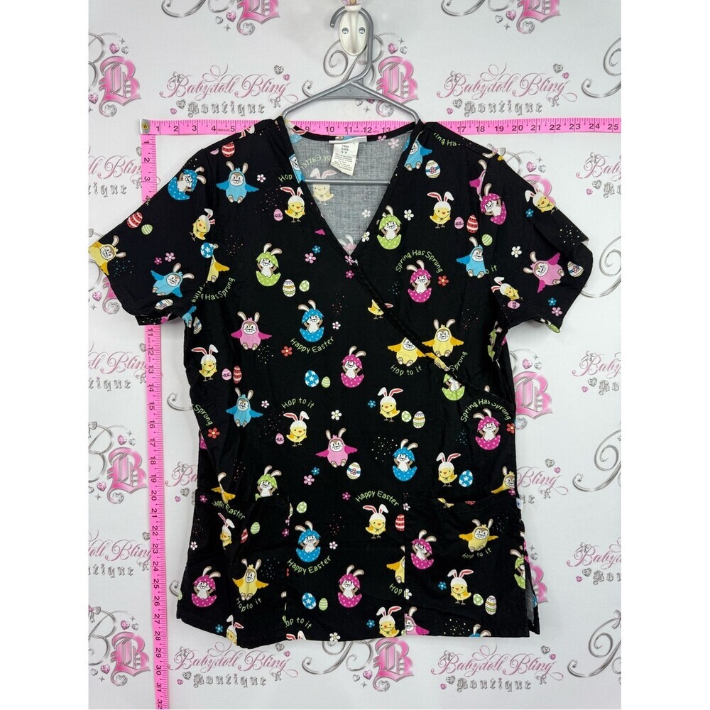Scrubstar scrubs bunny shirt happy Black Easter Bunny & Egg Print Scrub Top